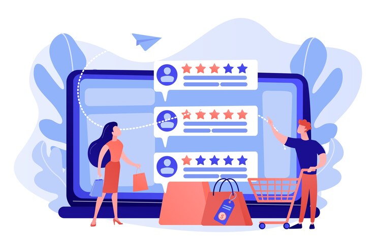 Vetor grátis clientes minúsculos avaliando online com o programa de sistema de reputação. sistema de reputação do vendedor, produto com melhor classificação, ilustração do conceito de taxa de feedback do cliente