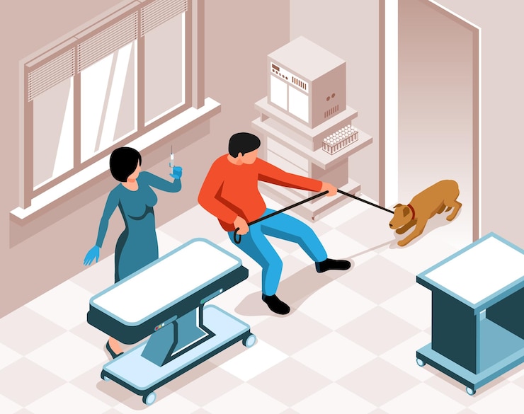 Vetor grátis clínica veterinária com médica segurando seringa e cachorro puxando coleira com medo de receber ilustração vetorial isométrica de injeção