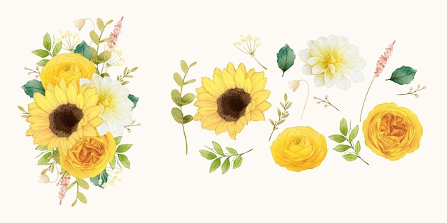 Vetor grátis clip-art de flores de rosas girassóis e dália