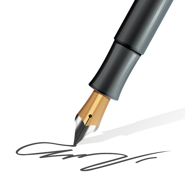 Closeup na caneta tinteiro, escrevendo uma assinatura realista