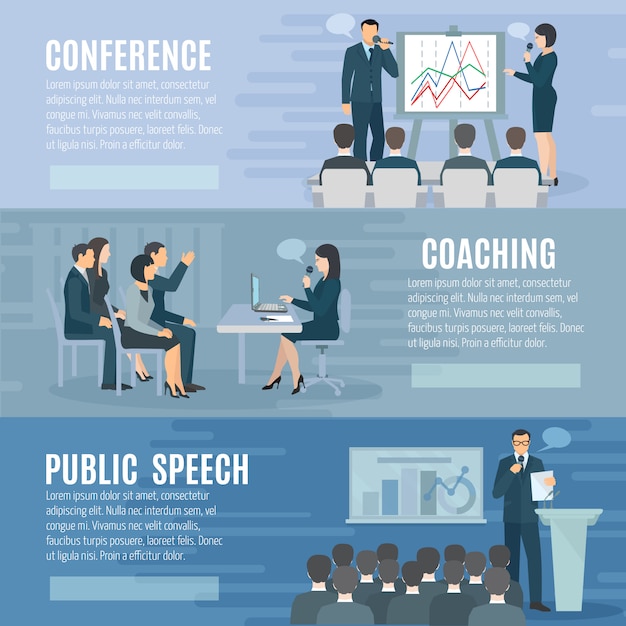 Coaching de discurso público e recursos visuais apresentação habilidades informações 3 banners horizontais