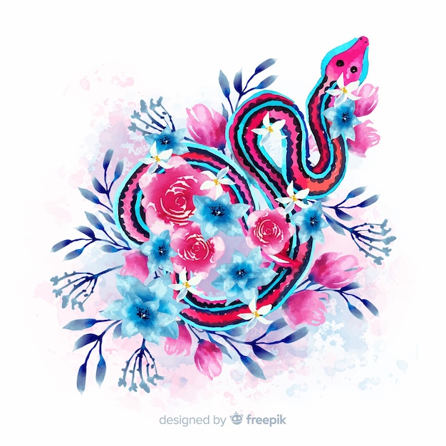 Cobra de aquarela com ilustração de flores