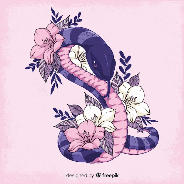 Cobra desenhada de mão com fundo de flores
