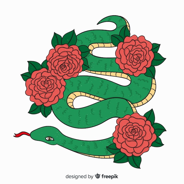 Cobra desenhada de mão com fundo de rosas