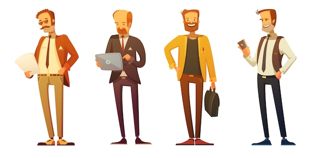Código de vestimenta de homem de negócios 4 ícones de desenhos animados retrô de conjunto com homens de negócios