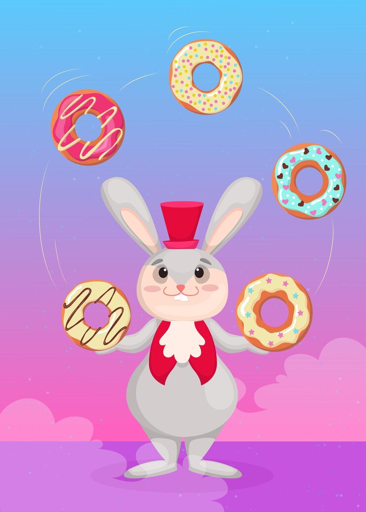 Vetor grátis coelhinha fofa com cartola vermelha fazendo malabarismo com ilustração de rosquinhas coloridas