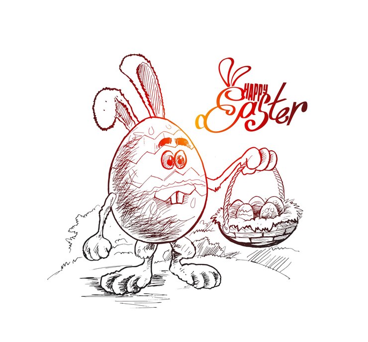 Vetor grátis coelhinho da páscoa e ovos de páscoa ilustração vetorial de esboço desenhado à mão