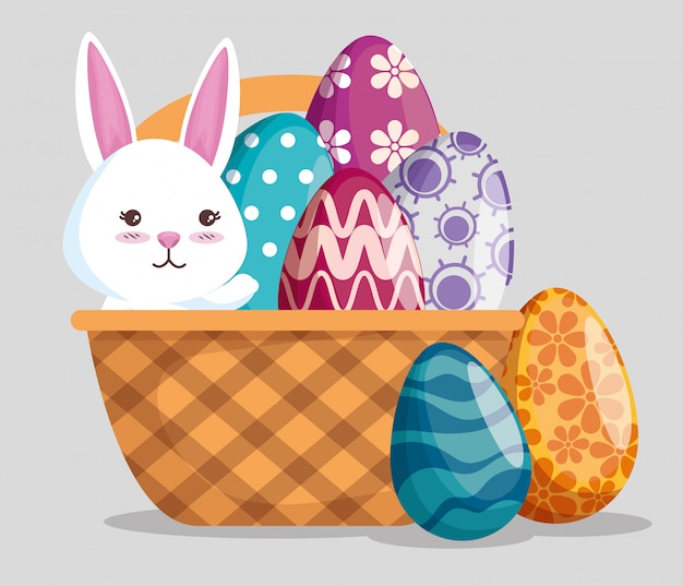 Coelho com decoração de ovos na cesta para evento