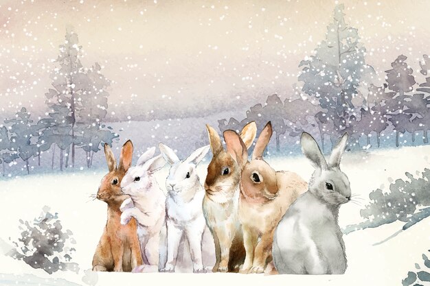Coelhos selvagens na neve do inverno pintada por aquarela vector