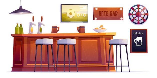 Coisas de bar de cerveja, mesa de bar com garrafas e copos