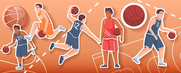 Colagem em estilo simples com jogadores de basquete masculinos e bolas na ilustração vetorial de fundo colorido