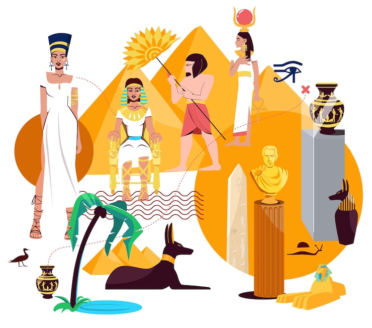 Vetor grátis colagem plana de cleópatra com figura de faraó deuses egípcios itens culturais ilustração vetorial de cor