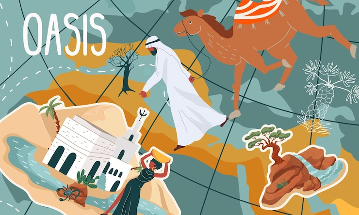 Vetor grátis colagem plana de oásis com elementos da natureza do deserto, pessoas e ilustração vetorial de camelos