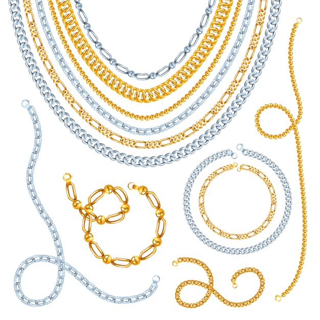 Vetor grátis colares de correntes de ouro e prata