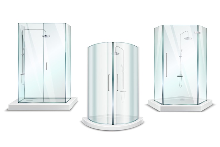 Vetor grátis coleção 3d realista de cabine de duche com chuveiro isolado brilhante unidades com portas em branco