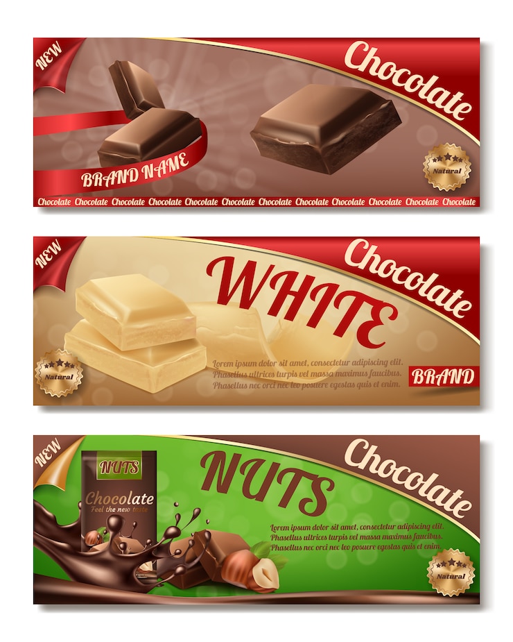 Vetor grátis coleção 3d realista de embalagem de chocolate. rótulos horizontais de produto saboroso com nozes