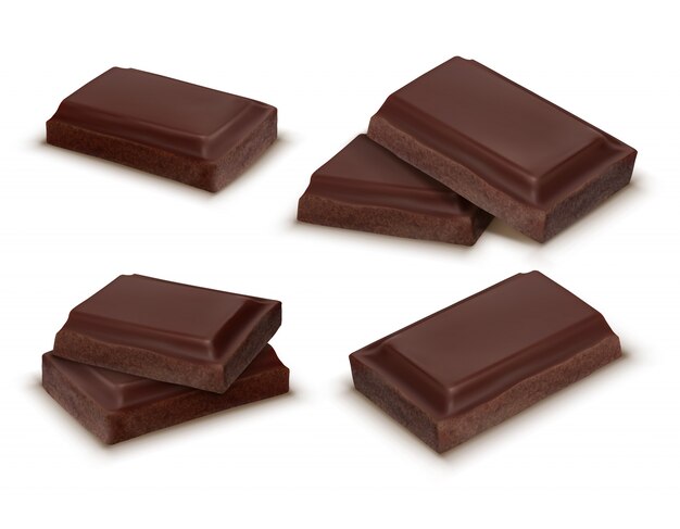 Coleção 3d realista de pedaços de chocolate. Brown deliciosas barras para embalagem mock up, pack