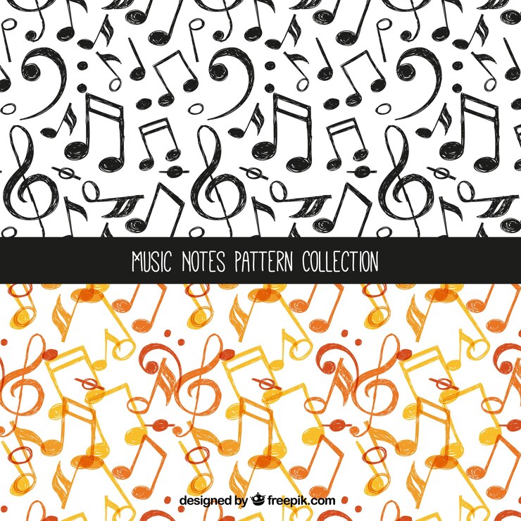 Vetor grátis coleção alaranjada e preta do teste padrão da nota da música