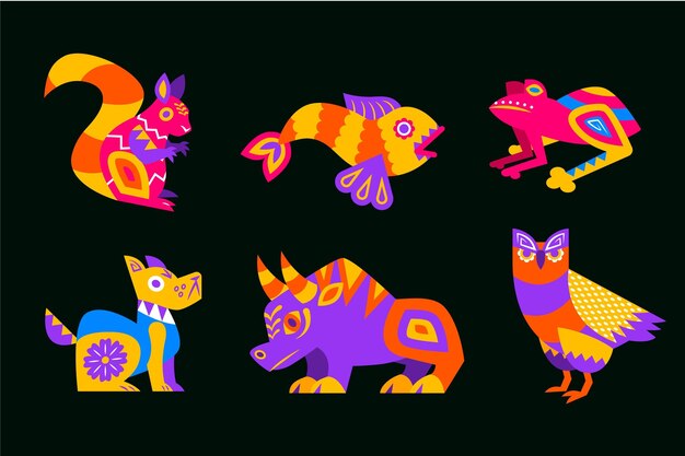 Coleção alebrijes de dia de muertos desenhado à mão