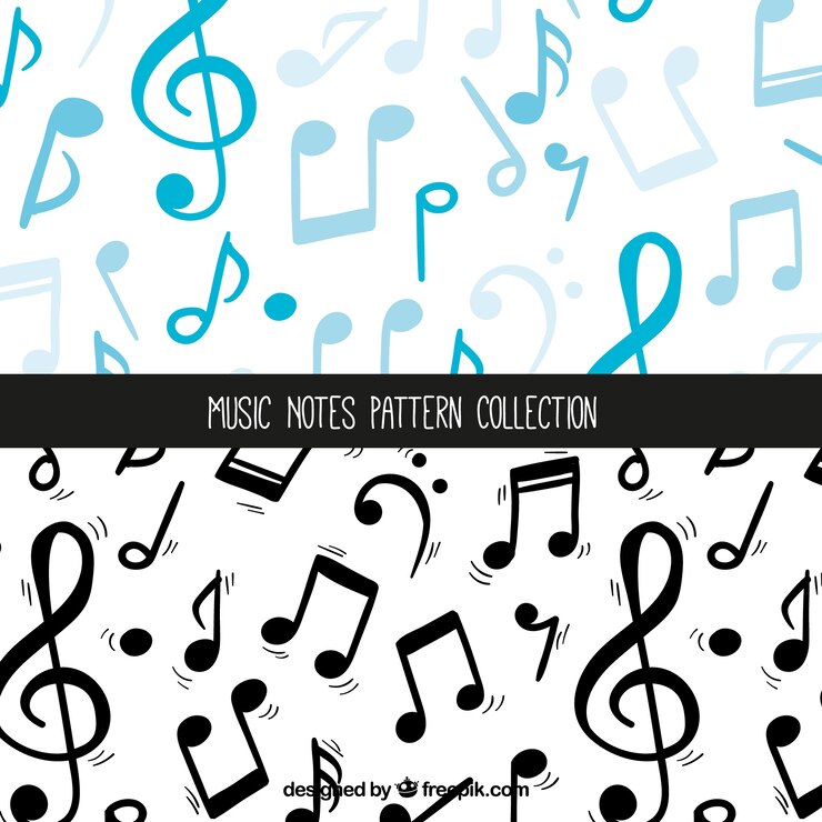 Vetor grátis coleção azul e preta do teste padrão da nota da música