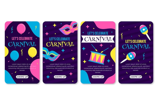 Coleção colorida de histórias do instagram de festa de carnaval