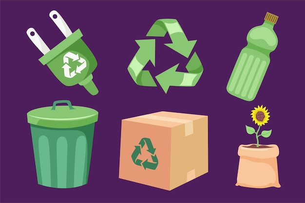 Vetor grátis coleção de adesivos ambientais com a ecologia de resíduos zero palavras salvar o planeta eco reciclagem sem plástico um conjunto de elementos de design decorativo ilustração vetorial