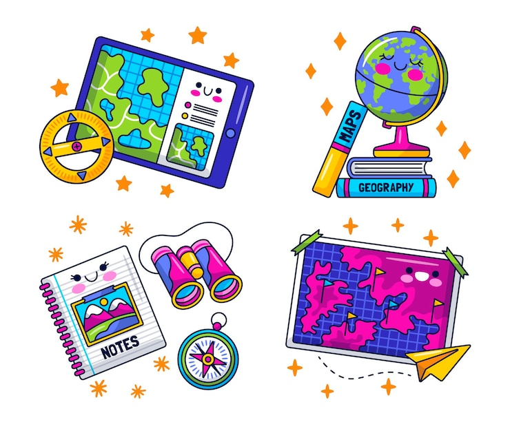 Vetor grátis coleção de adesivos da geografia kawaii