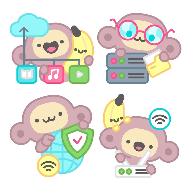 Vetor grátis coleção de adesivos da internet com macaco e banana