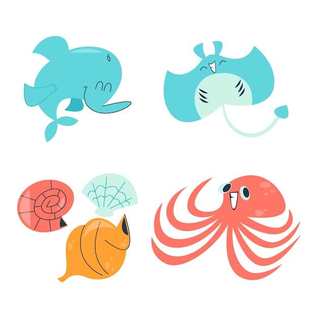 Coleção de adesivos de animais do oceano de desenho retrô