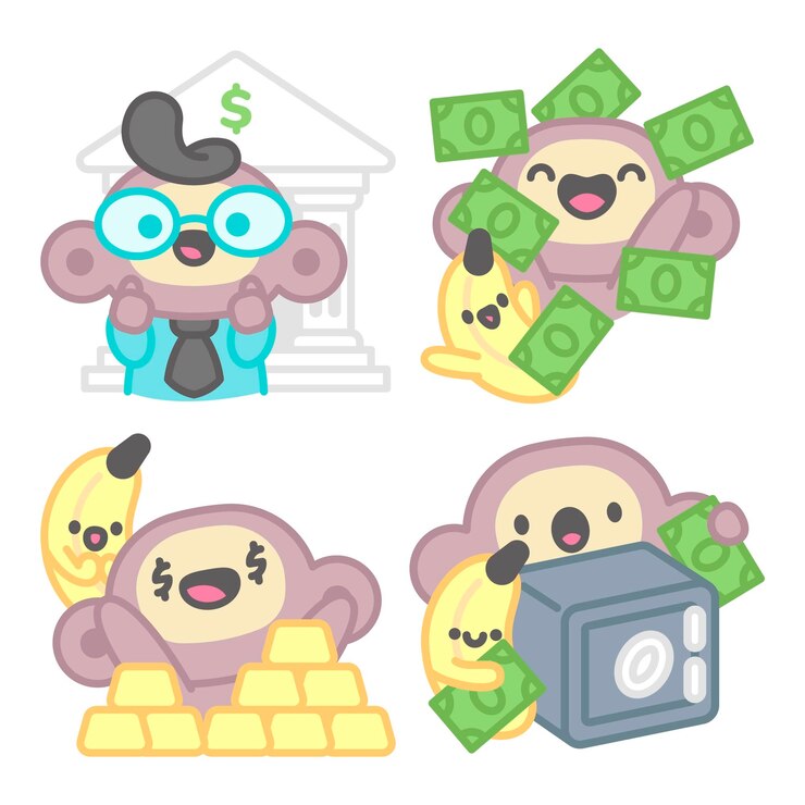 Vetor grátis coleção de adesivos de banda e finanças com macaco e banana