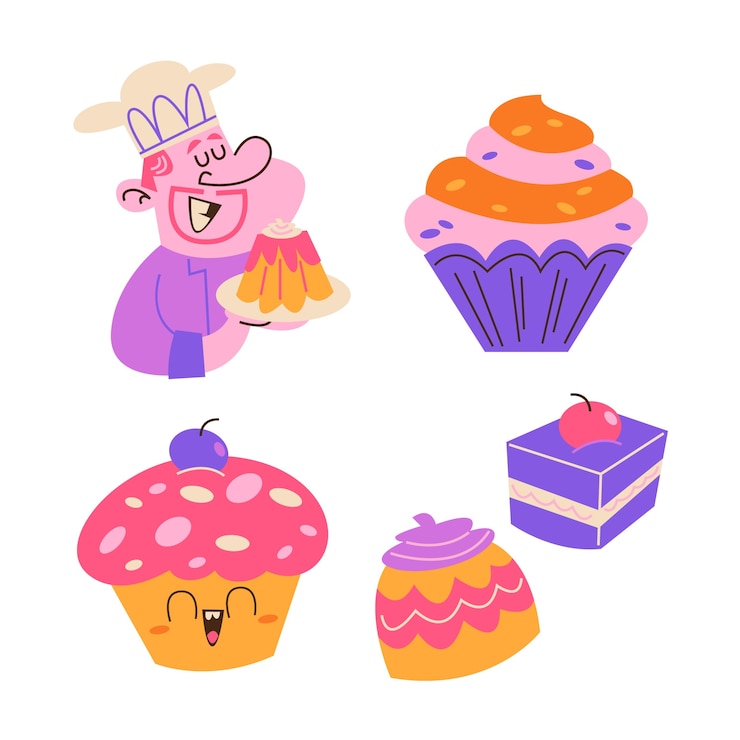 Vetor grátis coleção de adesivos de dessert e doces de desenhos animados retrô