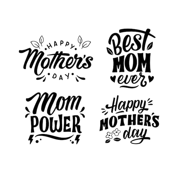 Coleção de adesivos de dia das mães com letras monocromáticas