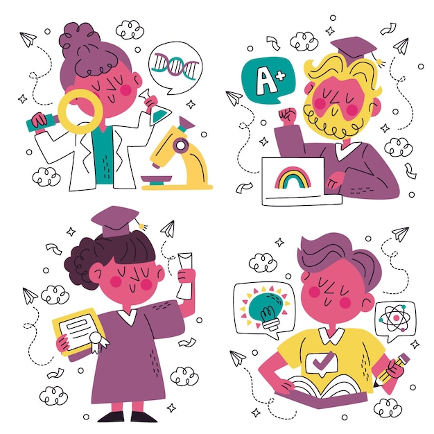 Coleção de adesivos de educação de doodle desenhado à mão