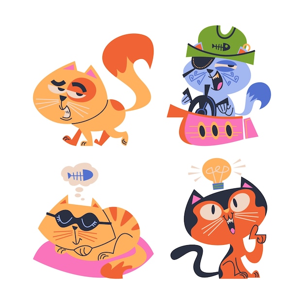 Vetor grátis coleção de adesivos de emoji de gato de desenho animado retro