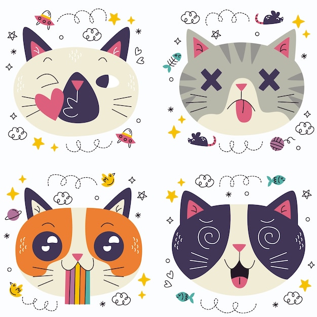 Vetor grátis coleção de adesivos de emoticons de gato doodle