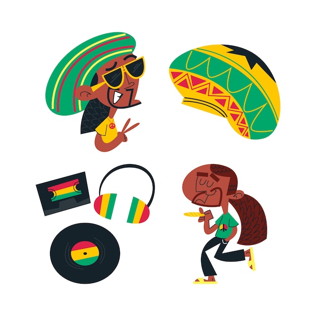 Coleção de adesivos de homem rasta de desenho retrô