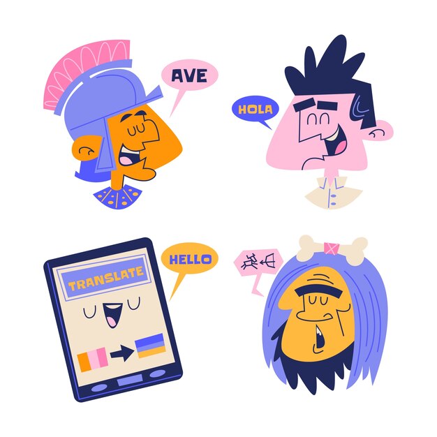 Coleção de adesivos de idiomas retrô de desenhos animados