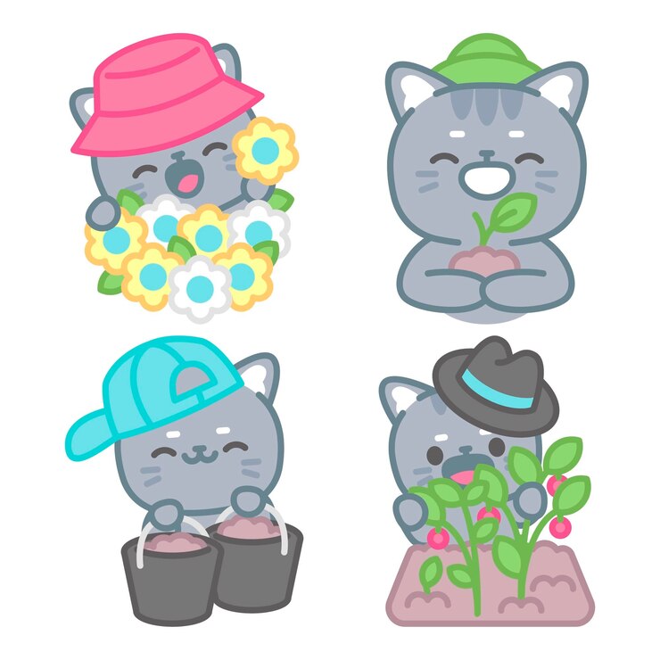 Vetor grátis coleção de adesivos de jardinagem com o gato tomomi