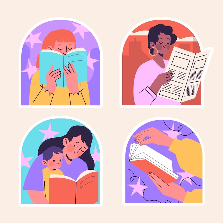 Vetor grátis coleção de adesivos de leitura ingênua