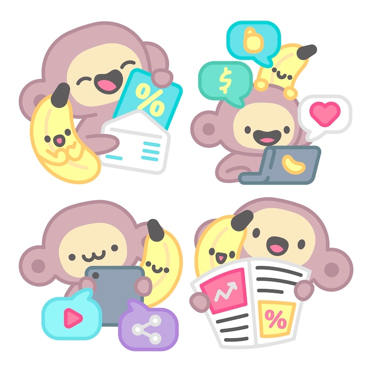 Vetor grátis coleção de adesivos de marketing com macaco e banana