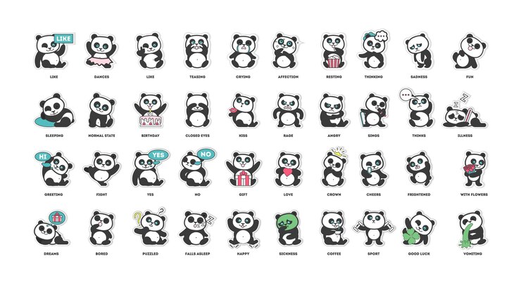 Vetor grátis coleção de adesivos de panda bonito em diferentes poses ilustração vetorial de humores diferentes