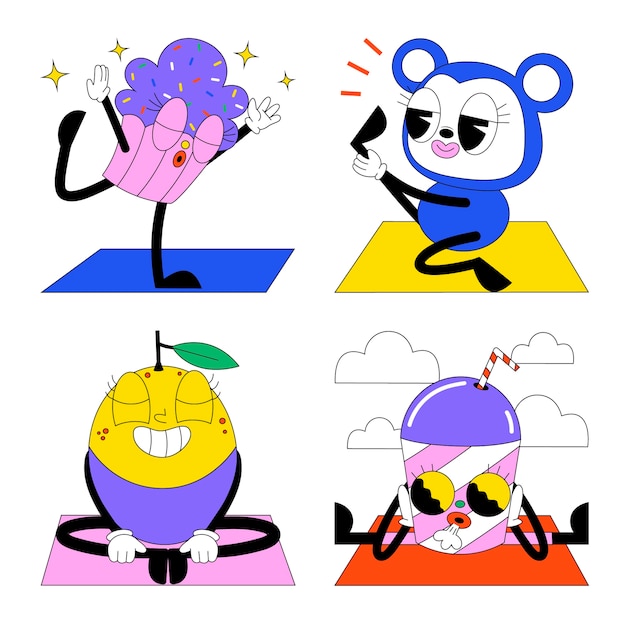Coleção de adesivos de poses de ioga dos desenhos animados