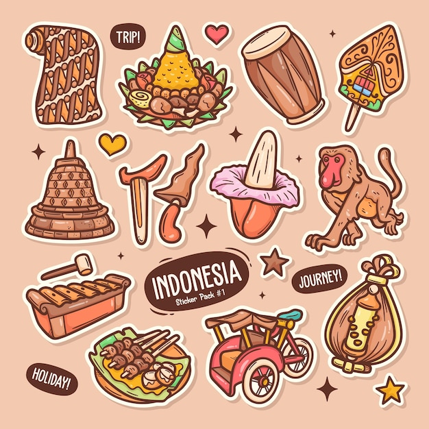 Vetor grátis coleção de adesivos de vetor de doodle fofo da indonésia