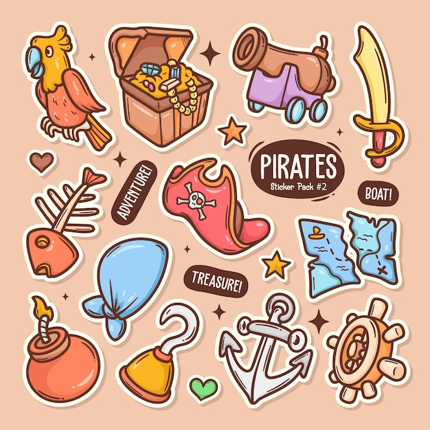 Vetor grátis coleção de adesivos de vetor de doodle fofo de piratas