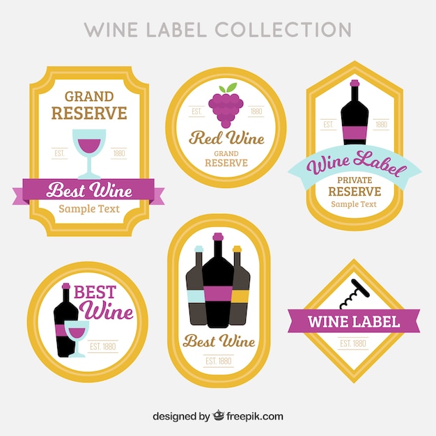 Coleção de adesivos de vinho decorativo em design plano