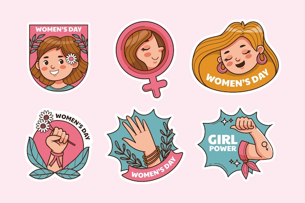 Coleção de adesivos desenhados à mão para a celebração do dia internacional da mulher.