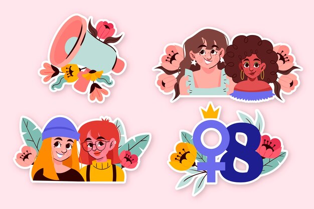 Coleção de adesivos desenhados à mão para a celebração do Dia Internacional da Mulher.