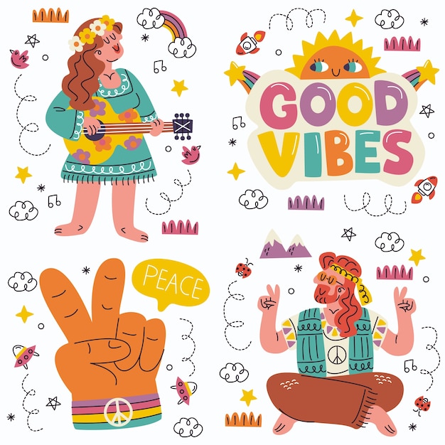 Vetor grátis coleção de adesivos hippie doodle