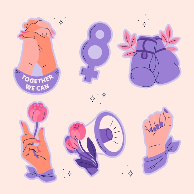 Coleção de adesivos planos para a celebração do Dia Internacional da Mulher.