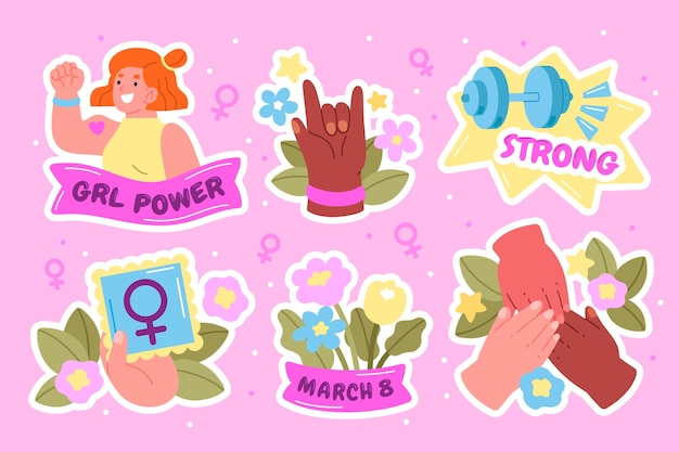 Coleção de adesivos planos para a celebração do Dia Internacional da Mulher.